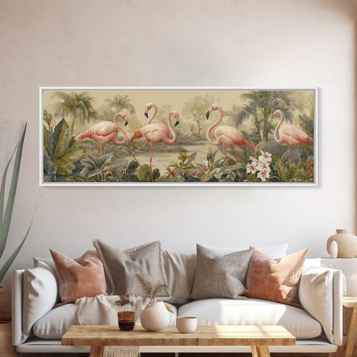 Pink Flamingos Among Tropical Water Plants Canvas Print, Tropical Art, Watercolor Art, Living Room Decor, Fine Art, Tropic, TRO-3x1-42