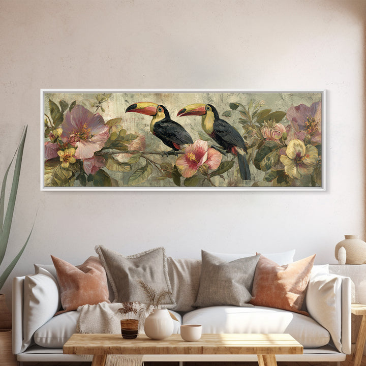 Toucans Surrounded by Bright Jungle Flowers Canvas Print, Tropical Art, Art Print, Living Room Decor, Fine Art, Tropic, TRO-3x1-43