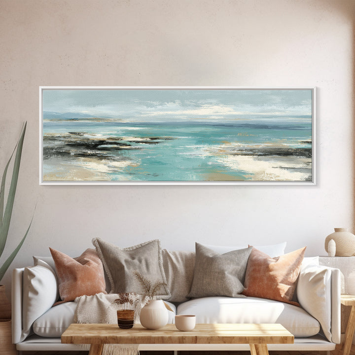 Tropical Lagoon with Turquoise Water Framed Canvas Print, Tropical Art, Digital Art, Living Room Decor, Oil Painting, Tropic, TRO-3x1-47