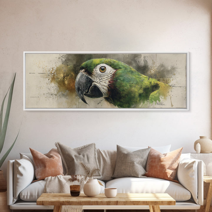 Parrot Portrait with Emerald Feathers Canvas Print, Tropical Art, Textured Painting, Living Room Decor, Fine Art, Tropic, TRO-3x1-48