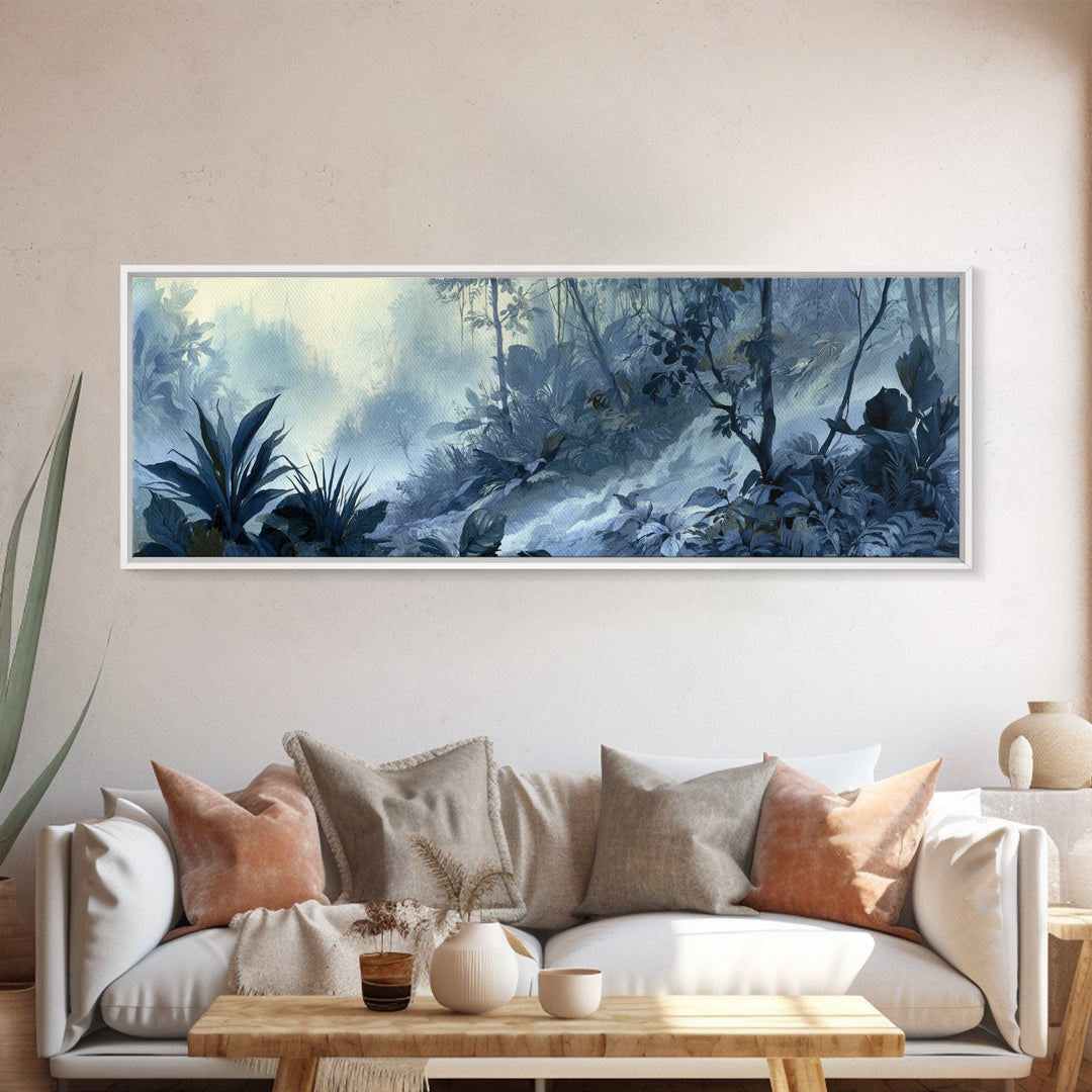 Jungle Waterfall with Misty Light Framed Canvas Print, Tropical Art, Bird Art, Living Room Decor, Watercolor Art, Tropic, TRO-3x1-5