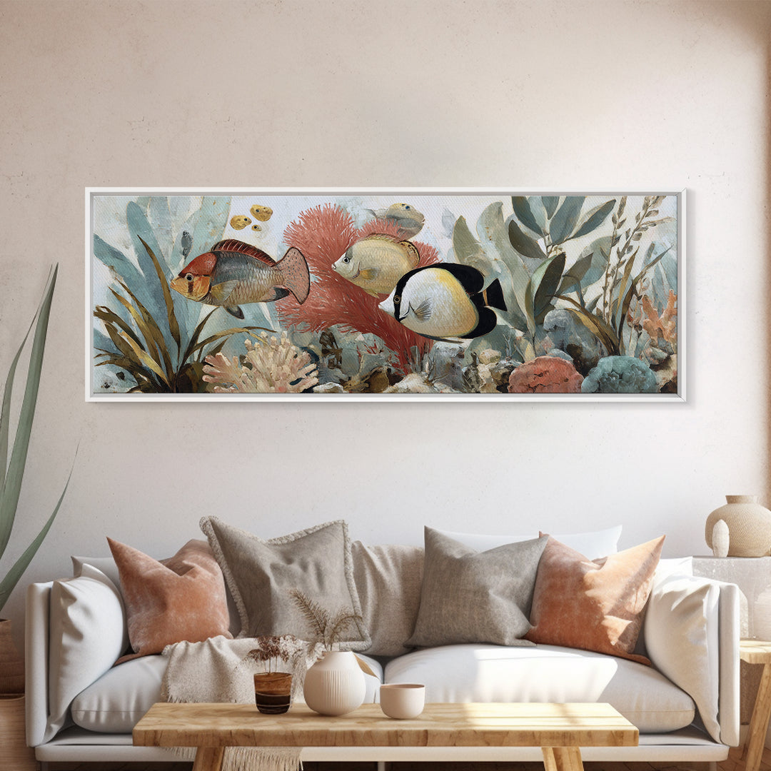 Tropical Fish over Coral Reef Framed Canvas Print, Tropical Art, Printable, Living Room Decor, Fine Art, Tropic, Coastal Decor, TRO-3x1-51
