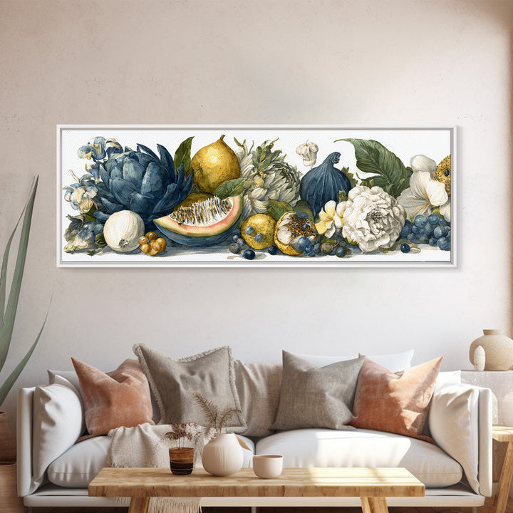 Tropical Fruit Market Arrangement Framed Canvas Print, Tropical Art, Decor, Living Room Decor, Fine Art, Tropic, Bird Art, TRO-3x1-55