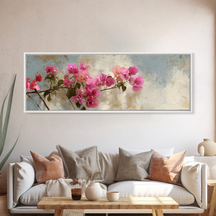 Pink Bougainvillea over White Wall Framed Canvas Print, Tropical Art, Minimalist Decor, Living Room Decor, Fine Art, Tropic, TRO-3x1-56