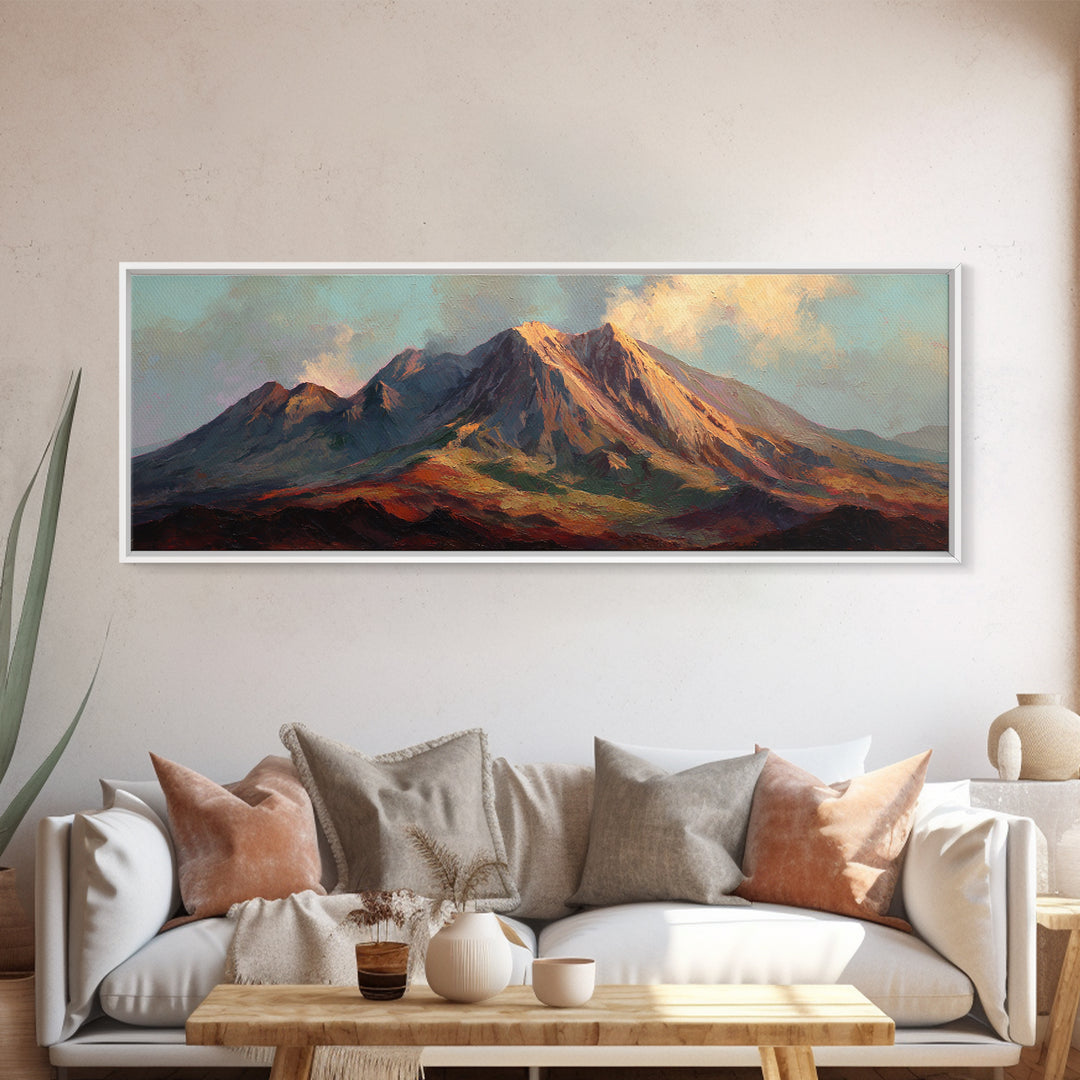 Island Volcano with Lush Foreground Framed Canvas Print, Tropical Art, Whimsical Art, Living Room Decor, Fine Art, Tropic, TRO-3x1-57