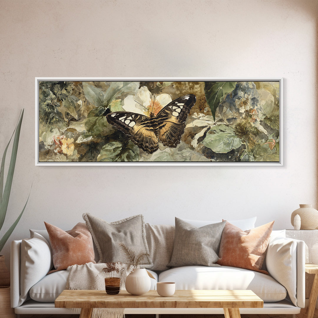 Tropical Butterfly and Flower Study Framed Canvas Print, Tropical Art, Living Room Decor, Watercolor Art, Tropic, TRO-3x1-63