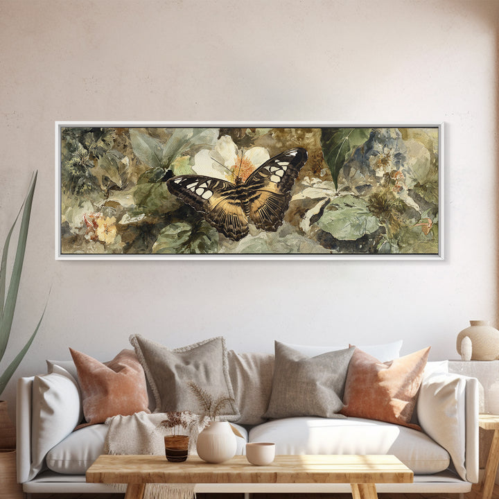 Tropical Butterfly and Flower Study Framed Canvas Print, Tropical Art, Living Room Decor, Watercolor Art, Tropic, TRO-3x1-63