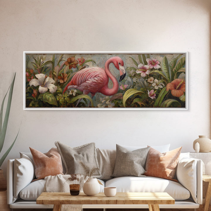 Pink Flamingos Among Tropical Water Plants Canvas Print, Tropical Art, Watercolor Art, Living Room Decor, Fine Art, Tropic, TRO-3x1-66