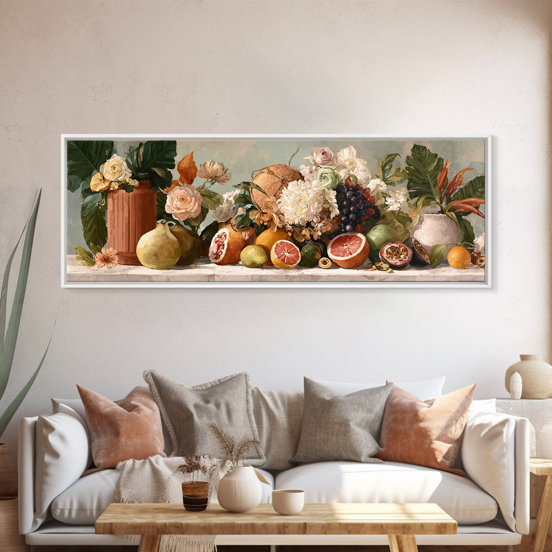 Tropical Fruit Market Arrangement Framed Canvas Print, Tropical Art, Statement Artwork, Living Room Decor, Fine Art, Tropic, TRO-3x1-7