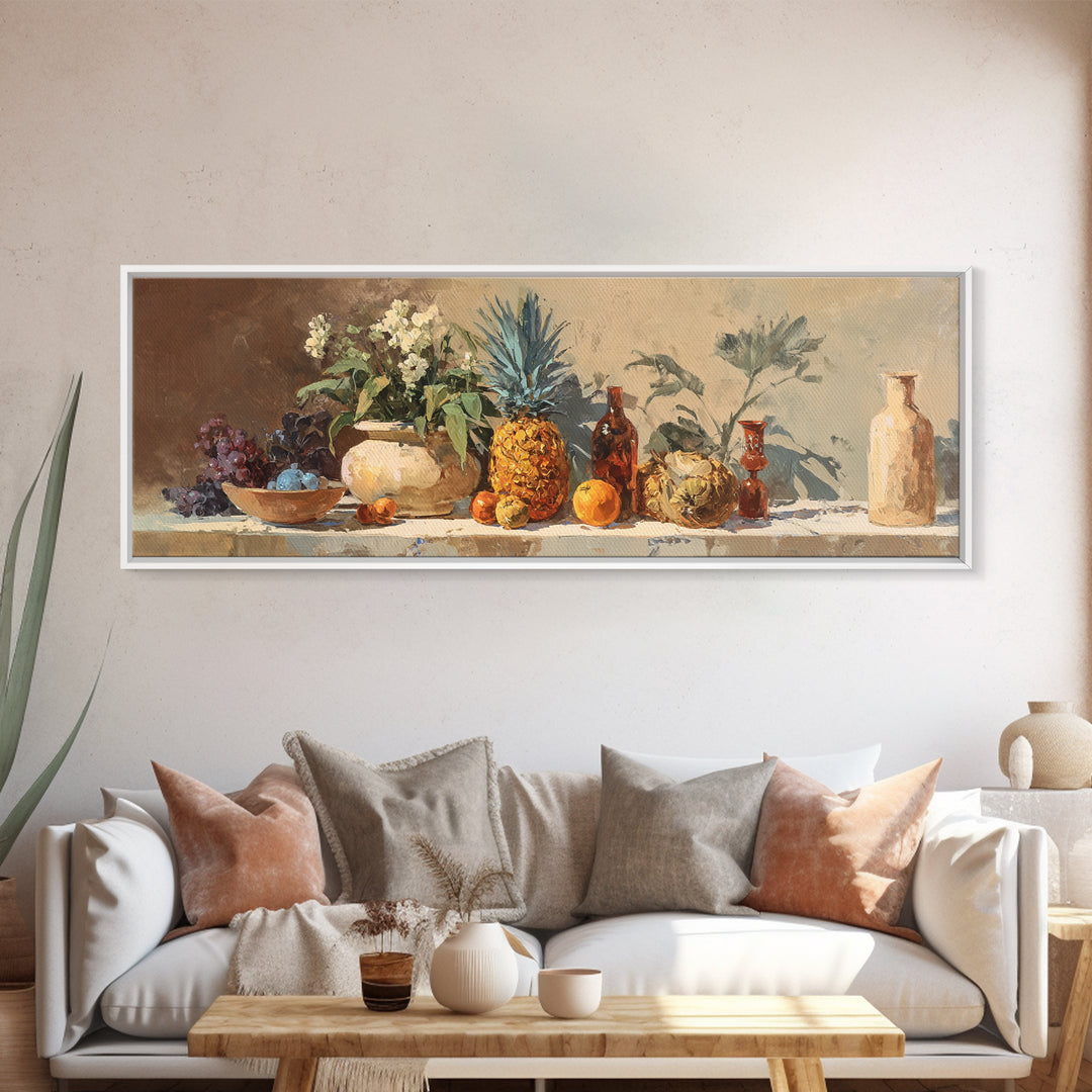 Pineapple and Palm Still Life Canvas Print, Tropical Art, Wall Art, Living Room Decor, Oil Painting, Tropic, Pink Wall Art, TRO-3x1-70