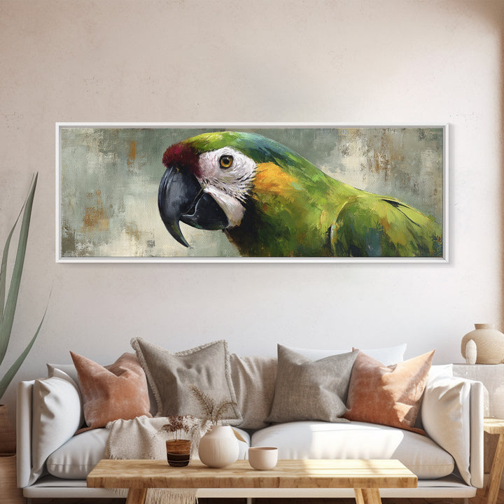 Parrot Portrait with Emerald Feathers Framed Canvas Print, Tropical Art, Wall Decor, Living Room Decor, Fine Art, Tropic, TRO-3x1-72