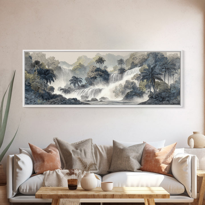 Jungle Waterfall with Misty Light Framed Canvas Print, Tropical Art, Gallery Wall Art, Living Room Decor, Fine Art, Tropic, TRO-3x1-77