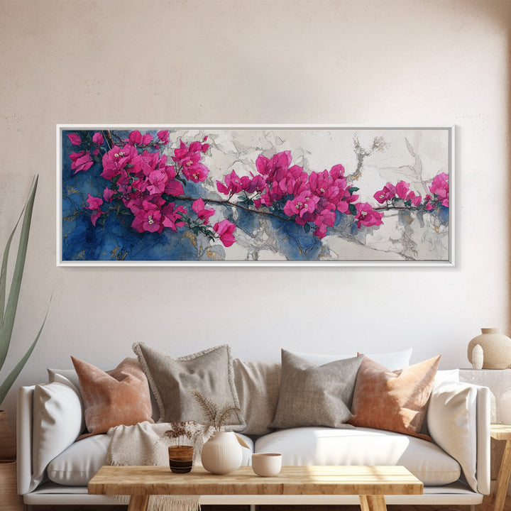 Pink Bougainvillea over White Wall Canvas Print, Tropical Art, Trendy Wall Art, Living Room Decor, Tropic, Luxury Decor, TRO-3x1-8