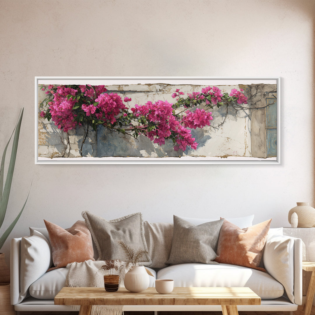 Pink Bougainvillea over White Wall Canvas Print, Tropical Art, Digital Prints, Living Room Decor, Tropic 280, Set of Prints, TRO-3x1-80