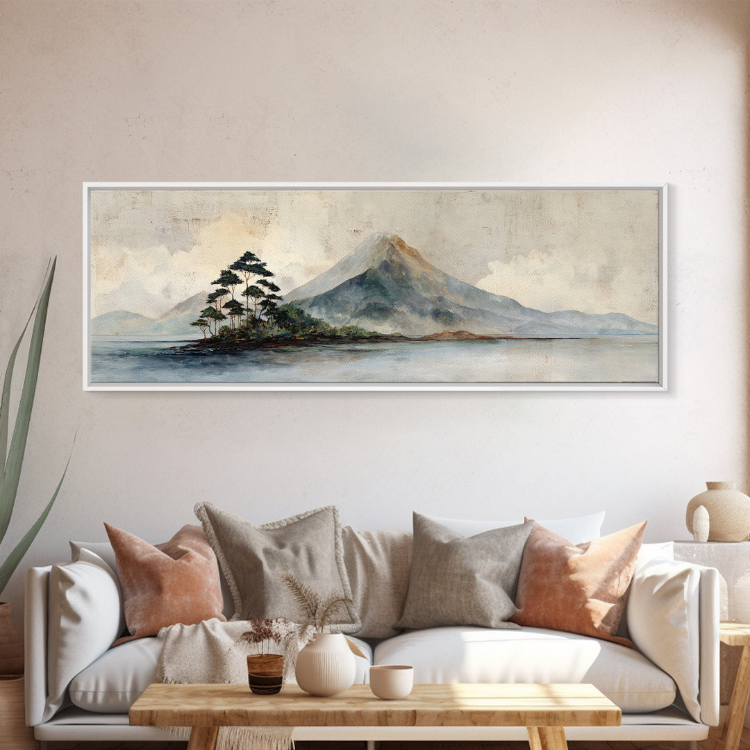 Island Volcano with Lush Foreground Framed Canvas Print, Tropical Art, Whimsical Art, Living Room Decor, Fine Art, Tropic, TRO-3x1-81