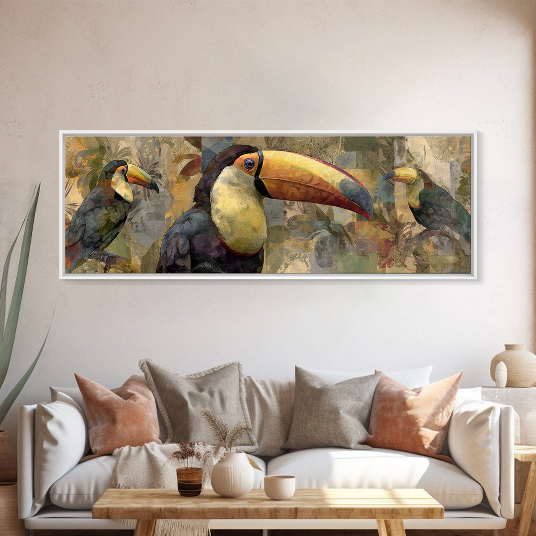 Colorful Jungle Bird Pattern Framed Canvas Print, Tropical Art, Print, Living Room Decor, Fine Art, Tropic, Coastal Wall Art, TRO-3x1-84