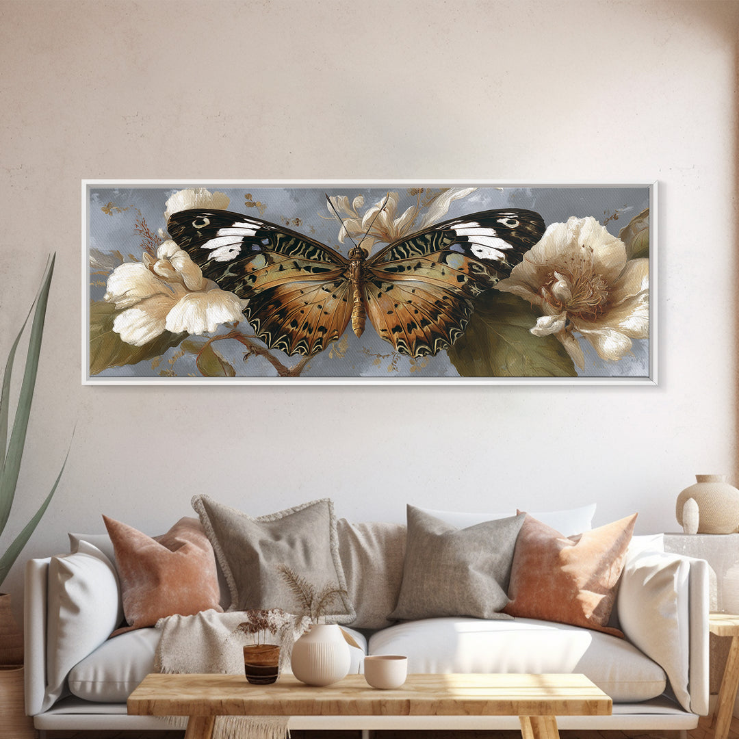Tropical Butterfly and Flower Study Framed Canvas Print, Tropical Art, Digital Print, Living Room Decor, Fine Art, Tropic, TRO-3x1-87