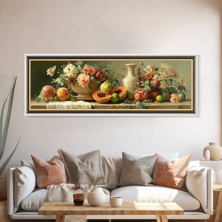 Bright Papaya and Lime Still Life Canvas Print, Tropical Art, Wall Art, Living Room Decor, Oil Painting, Tropic, Pink Wall Art, TRO-3x1-88