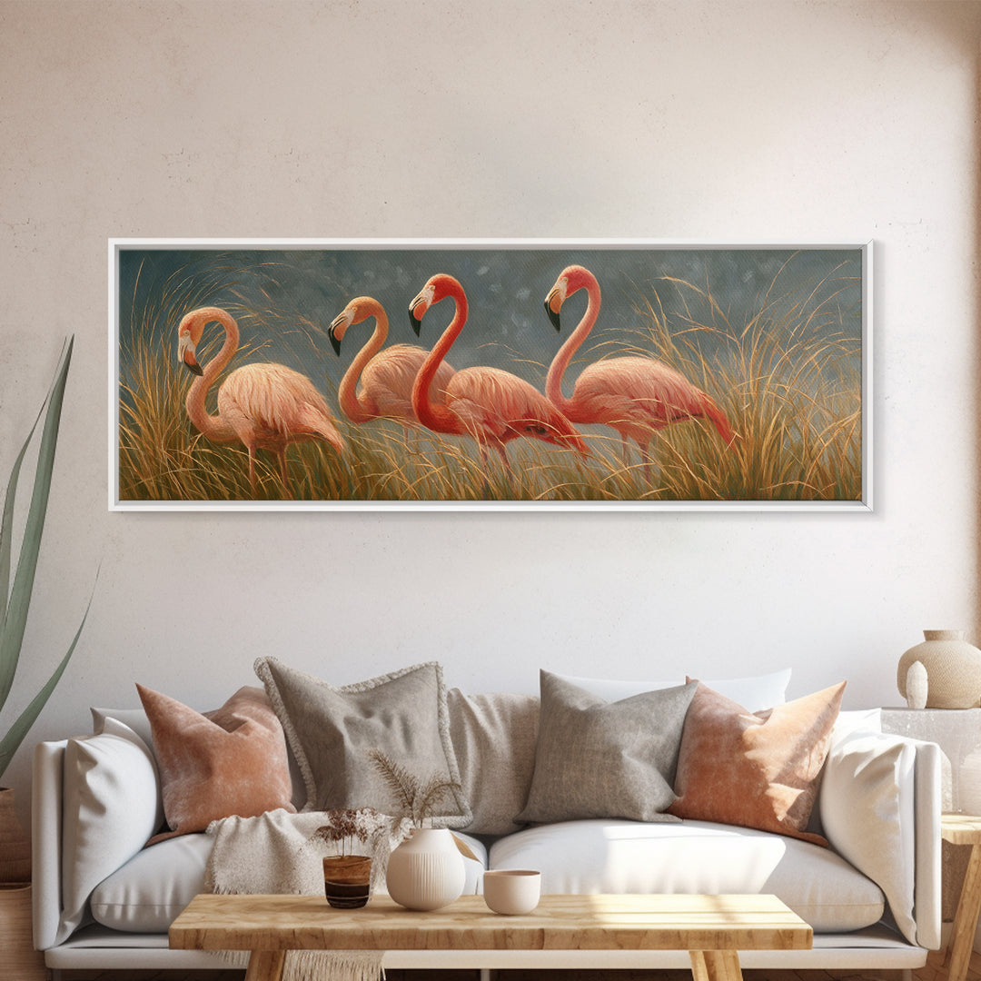 Pink Flamingos Among Tropical Water Plants Framed Canvas Print, Tropical Art, Coastal Art, Living Room Decor, Fine Art, Tropic, TRO-3x1-90