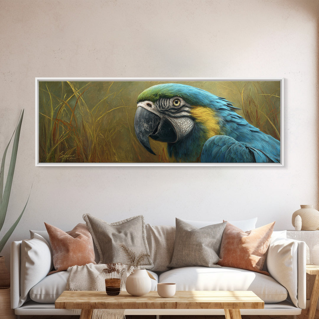Parrot Portrait with Emerald Feathers Canvas Print, Tropical Art, Textured Painting, Living Room Decor, Fine Art, Tropic, TRO-3x1-96