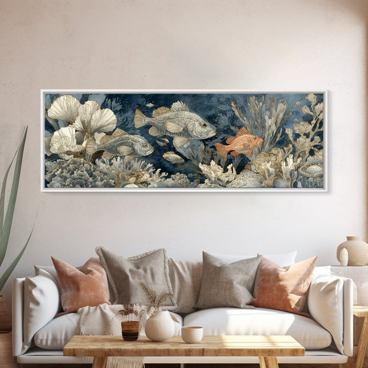 Tropical Fish over Coral Reef Framed Canvas Print, Tropical Art, Printable, Living Room Decor, Fine Art, Tropic, Coastal Decor, TRO-3x1-99