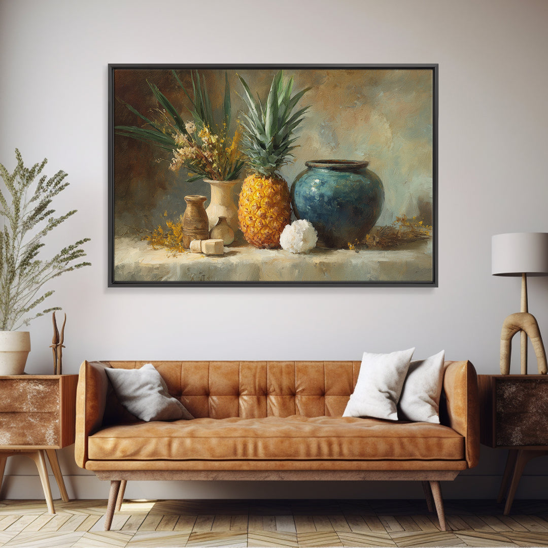 Pineapple and Palm Still Life Framed Canvas Print, Tropical Art, Coastal Wall Art, Living Room Decor, Fine Art, Tropic, TRO-3x2-10