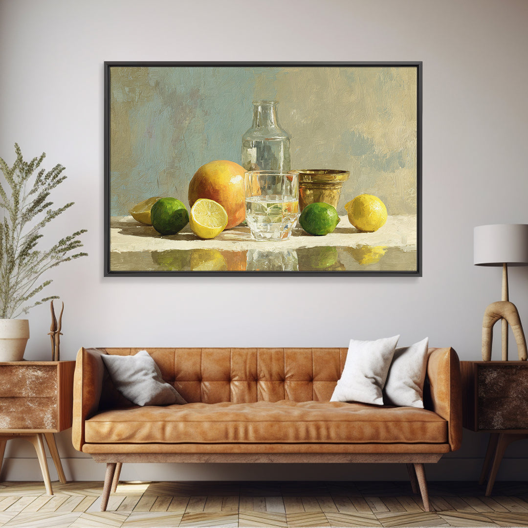 Bright Papaya and Lime Still Life Framed Canvas Print, Tropical Art, Wall Art, Living Room Decor, Oil Painting, Tropic, TRO-3x2-100