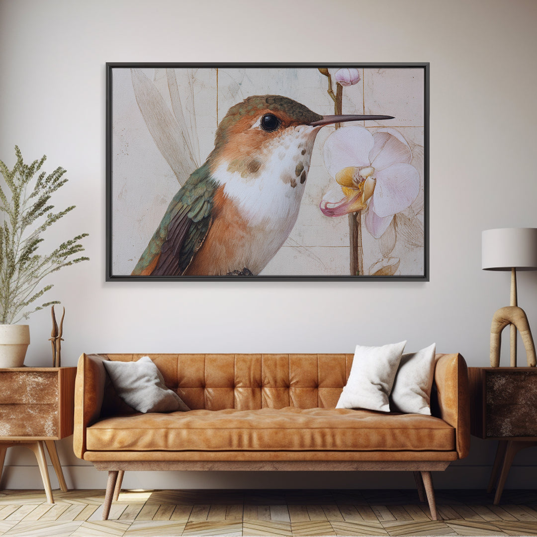 Orchid and Hummingbird Composition Framed Canvas Print, Tropical Art, Pink Wall Art, Living Room Decor, Fine Art, Tropic, TRO-3x2-14
