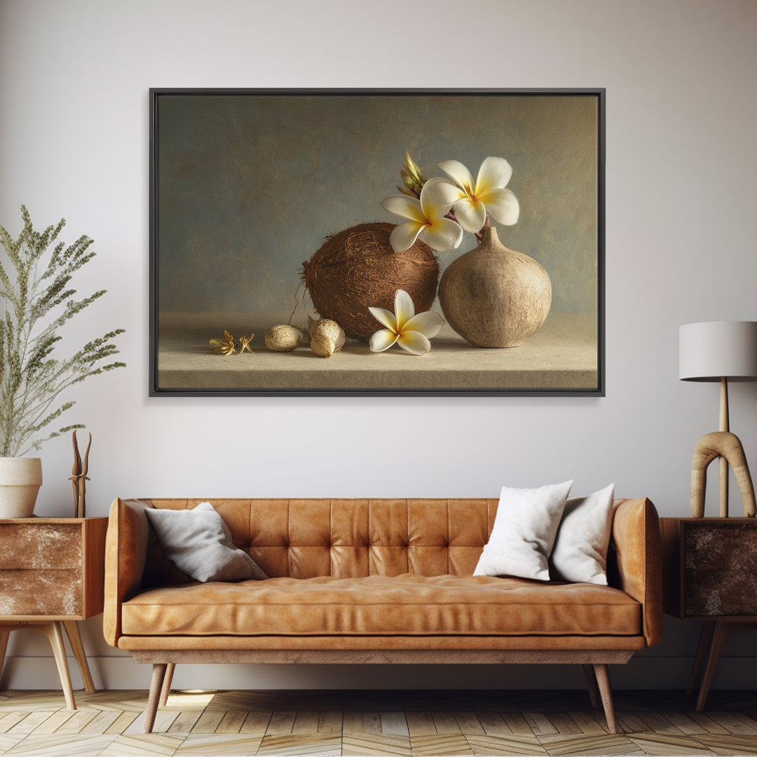 Coconut and Plumeria Still Life Canvas Print, Tropical Art, Downloadable Prints, Living Room Decor, Watercolor Art, Tropic, TRO-3x2-16