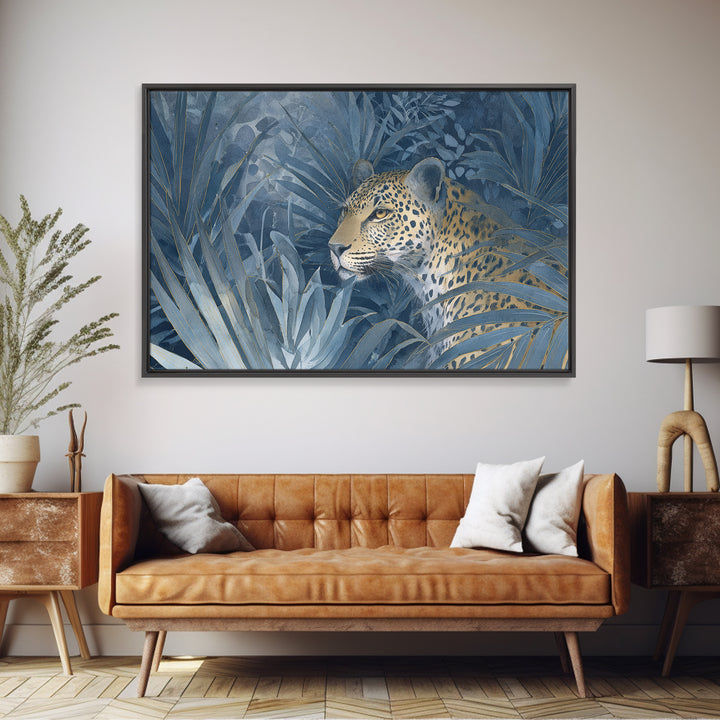 Leopard Hidden Among Palm Leaves Framed Canvas Print, Tropical Art, Oversized Wall Art, Living Room Decor, Fine Art, Tropic, TRO-3x2-18