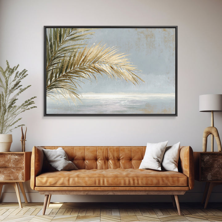 Rain Soaked Palm Leaf Closeup Framed Canvas Print, Tropical Art, Beach Print, Living Room Decor, Fine Art, Tropic, TRO-3x2-25