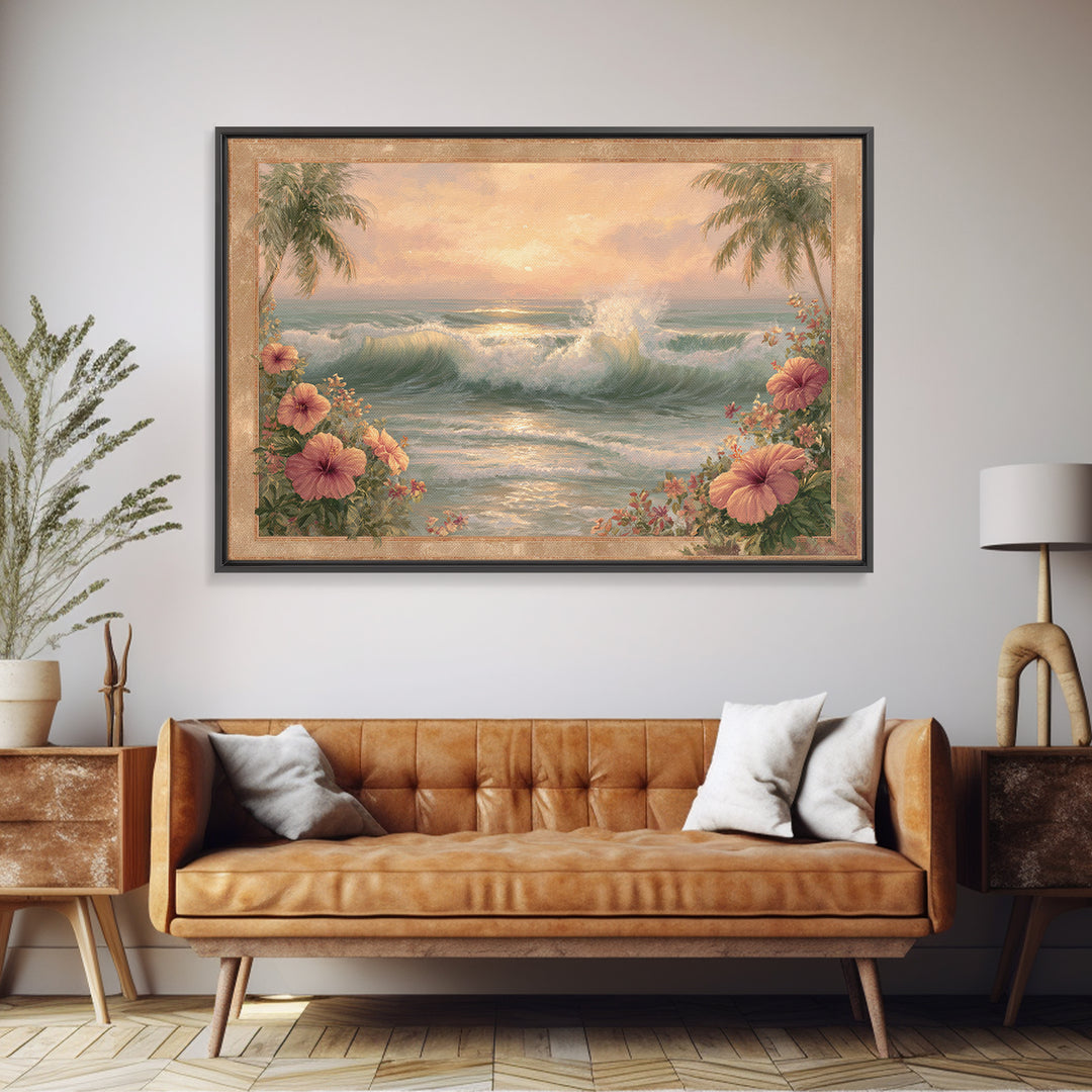 Sunset Surf Scene Canvas Print, Tropical Art, Bird Art, Living Room Decor, Watercolor Art, Tropic, Whimsical Art, Botanical Art, TRO-3x2-26