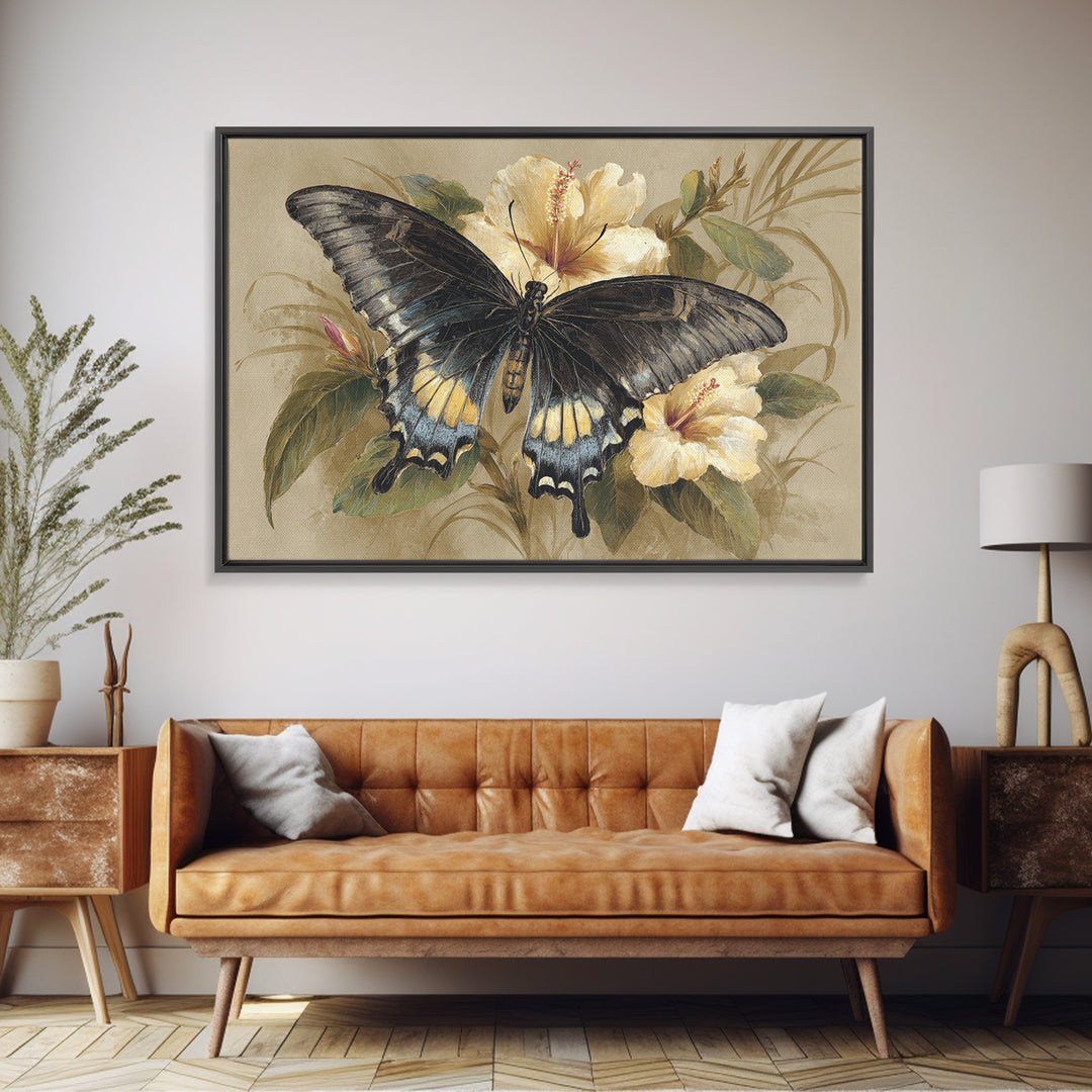 Tropical Butterfly and Flower Study Framed Canvas Print, Tropical Art, Gallery Decor, Living Room Decor, Fine Art, Tropic, TRO-3x2-27