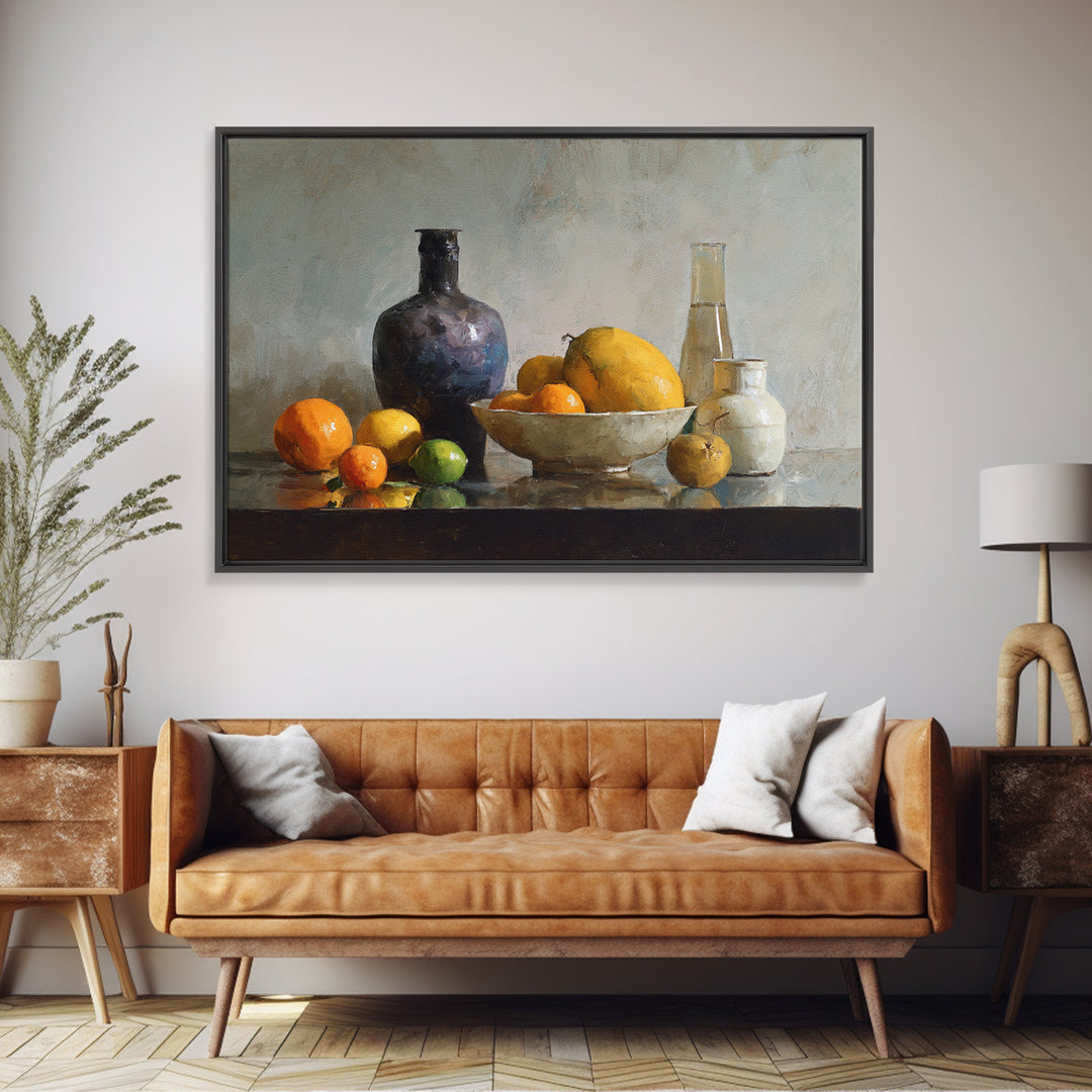 Bright Papaya and Lime Still Life Framed Canvas Print, Tropical Art, Coastal Decor, Living Room Decor, Fine Art, Tropic, TRO-3x2-28