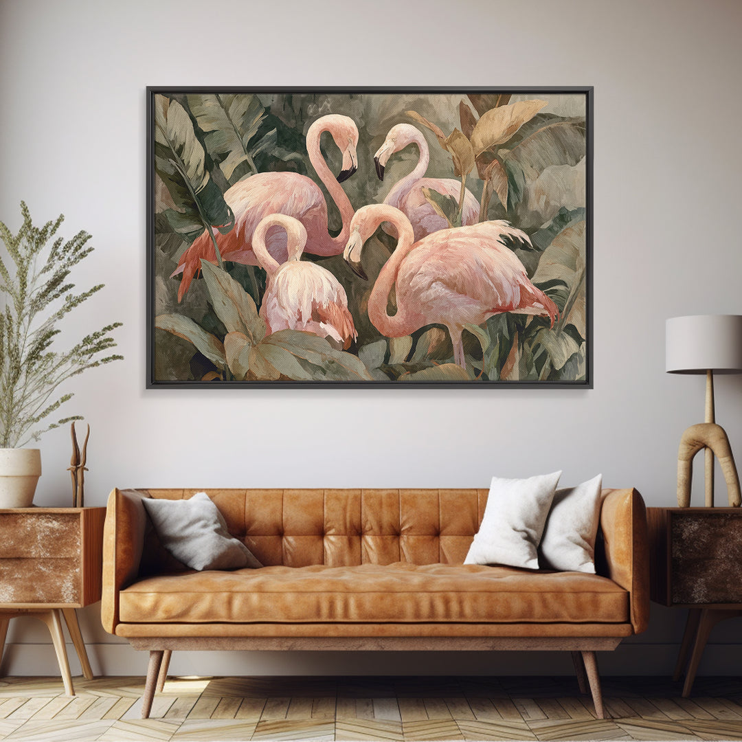 Pink Flamingos Among Tropical Water Plants Canvas Print, Tropical Art, Beach Wall Art, Living Room Decor, Fine Art, Tropic, TRO-3x2-30