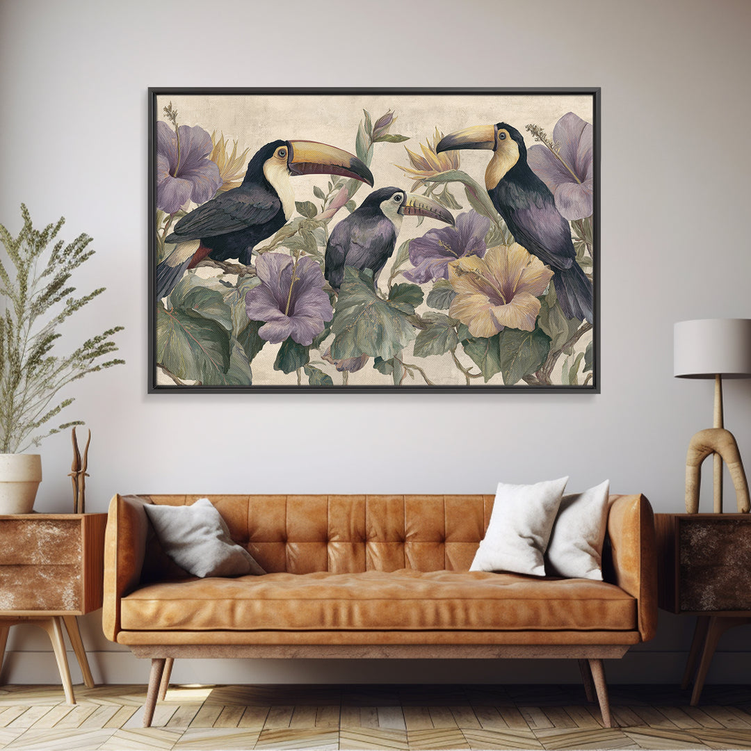 Toucans Surrounded by Bright Jungle Flowers Framed Canvas Print, Tropical Art, Statement Artwork, Living Room Decor, Tropic, TRO-3x2-31
