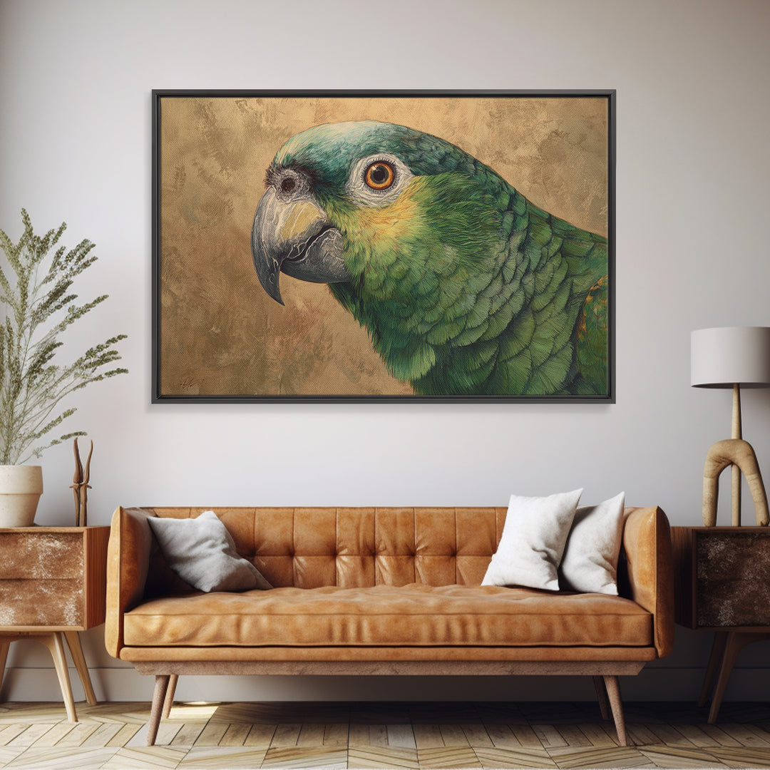 Parrot Portrait with Emerald Feathers Framed Canvas Print, Tropical Art, Whimsical Art, Living Room Decor, Fine Art, Tropic, TRO-3x2-36
