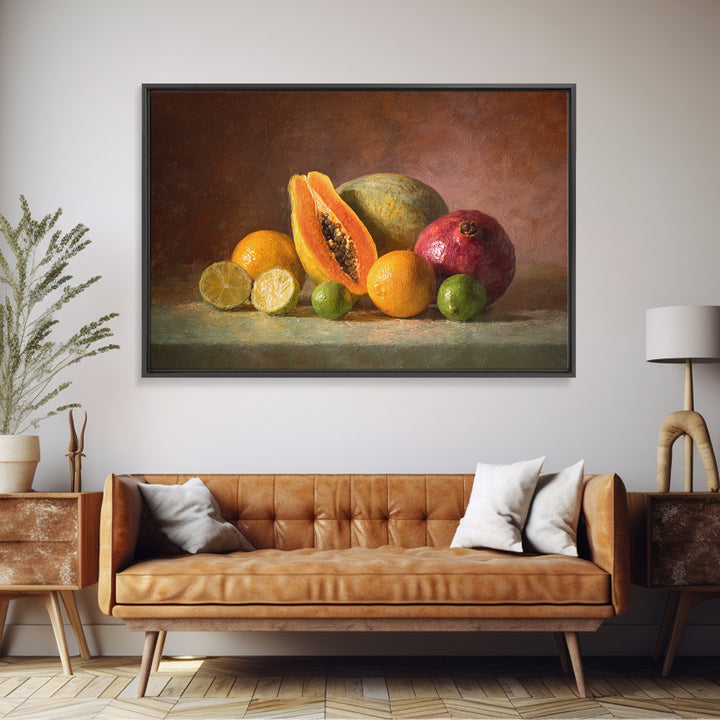 Bright Papaya and Lime Still Life Canvas Print, Tropical Art, Watercolor Painting, Living Room Decor, Oil Painting, Tropic, TRO-3x2-4