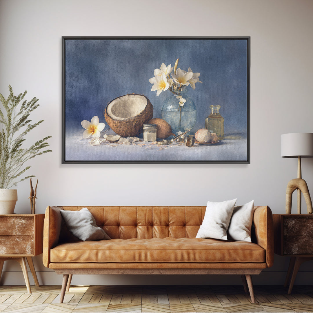 Coconut and Plumeria Still Life Framed Canvas Print, Tropical Art, Botanical Art, Living Room Decor, Oil Painting, Tropic, TRO-3x2-40