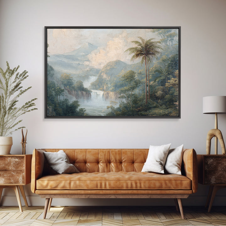 Jungle Waterfall with Misty Light Framed Canvas Print, Tropical Art, Beach Prints, Living Room Decor, Watercolor Art, Tropic, TRO-3x2-41