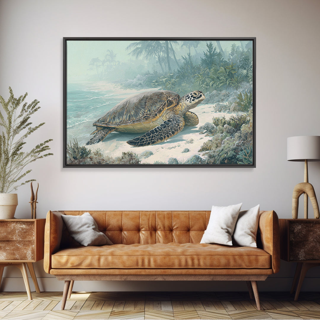 Sea Turtle Near Tropical Reef Framed Canvas Print, Tropical Art, Digital Art, Living Room Decor, Oil Painting, Tropic, TRO-3x2-47