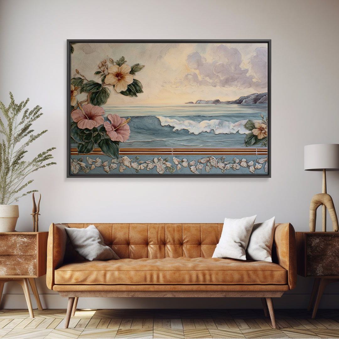 Sunset Surf Scene Framed Canvas Print, Tropical Art, Beach Decor, Living Room Decor, Oil Painting, Tropic, Fine Art Print, TRO-3x2-50