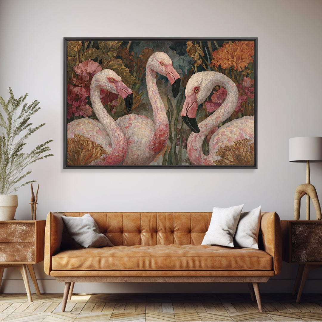 Pink Flamingos Among Tropical Water Plants Canvas Print, Tropical Art, Beach Wall Art, Living Room Decor, Fine Art, Tropic, TRO-3x2-54