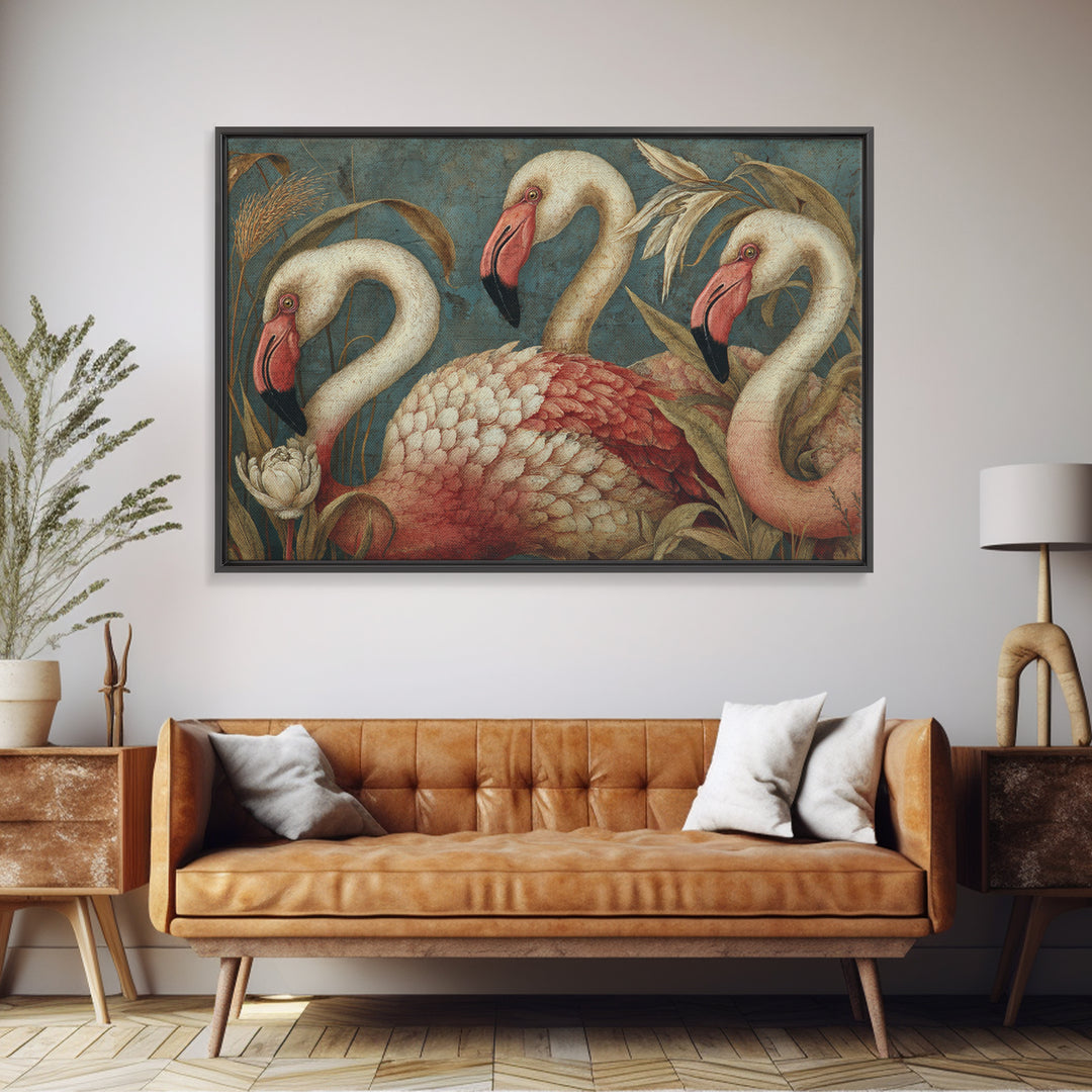 Pink Flamingos Among Tropical Water Plants Framed Canvas Print, Tropical Art, Set of 3 Prints, Living Room Decor, Tropic, TRO-3x2-6