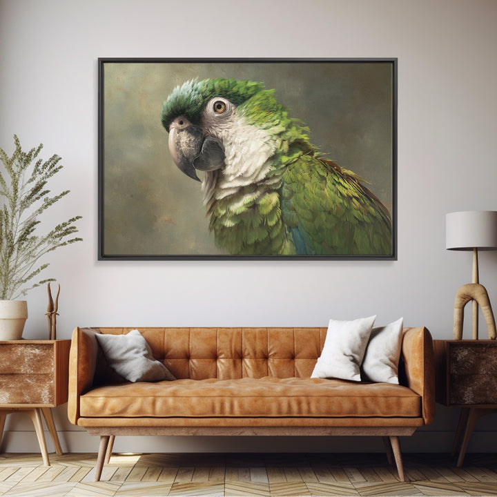 Parrot Portrait with Emerald Feathers Framed Canvas Print, Tropical Art, Textured Painting, Living Room Decor, Fine Art, Tropic, TRO-3x2-60