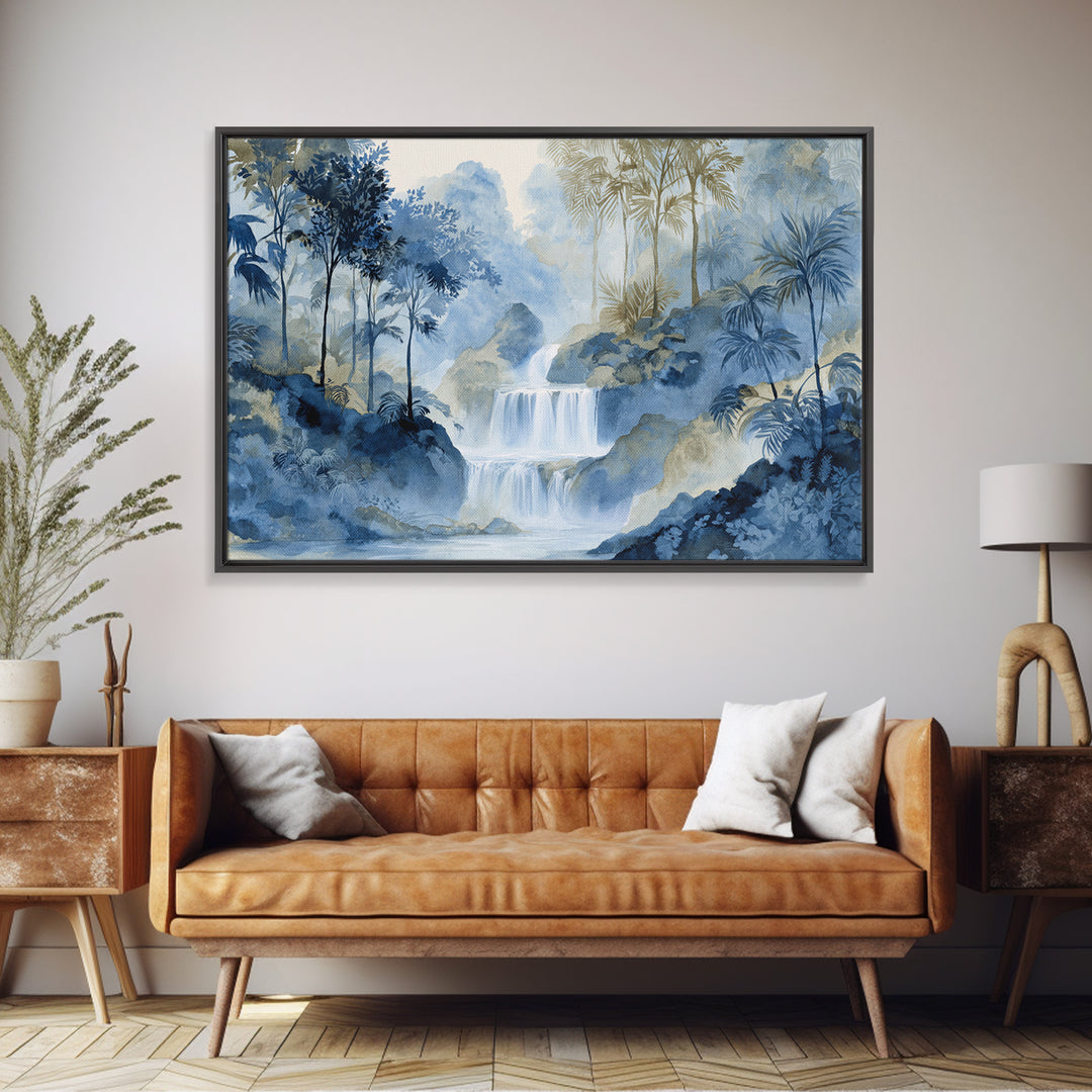 Jungle Waterfall with Misty Light Framed Canvas Print, Tropical Art, Beach Prints, Living Room Decor, Watercolor Art, Tropic, TRO-3x2-65