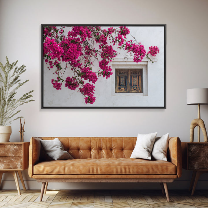 Pink Bougainvillea over White Wall Canvas Print, Tropical Art, Minimalist Decor, Living Room Decor, Fine Art, Tropic, TRO-3x2-68