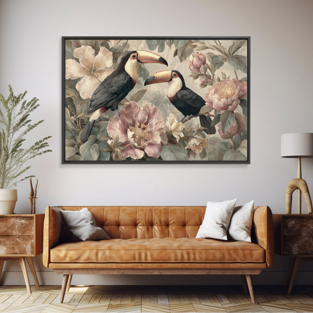 Toucans Surrounded by Bright Jungle Flowers Framed Canvas Print, Tropical Art, Printable Art, Living Room Decor, Tropic, TRO-3x2-7