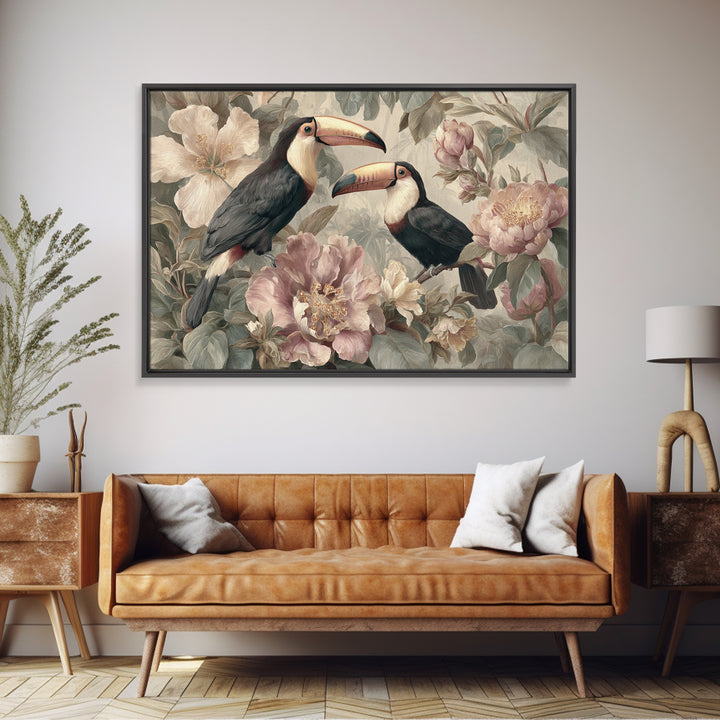 Toucans Surrounded by Bright Jungle Flowers Framed Canvas Print, Tropical Art, Printable Art, Living Room Decor, Tropic, TRO-3x2-7