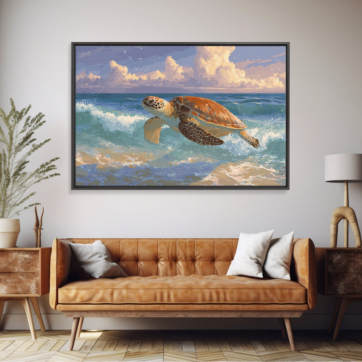 Sea Turtle Near Tropical Reef Framed Canvas Print, Tropical Art, Beach Prints, Living Room Decor, Watercolor Art, Tropic, TRO-3x2-71